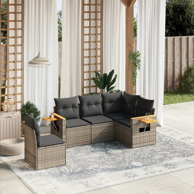 5 Piece Garden Sofa Set with Cushions Grey Poly Rattan