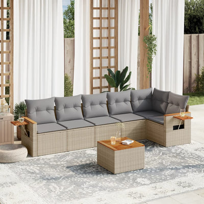 7 Piece Garden Sofa Set with Cushions Beige Poly Rattan