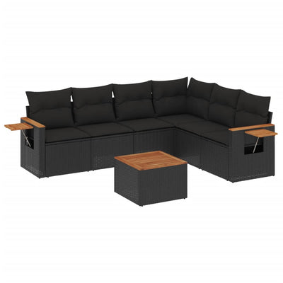 7 Piece Garden Sofa Set with Cushions Black Poly Rattan