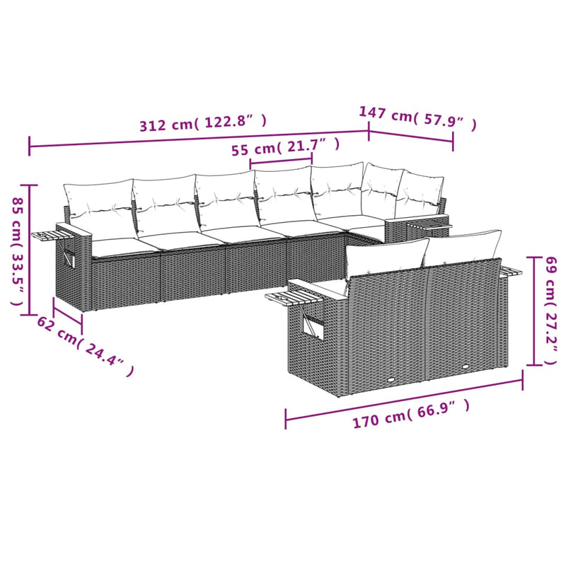 8 Piece Garden Sofa Set with Cushions Beige Poly Rattan