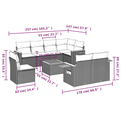 9 Piece Garden Sofa Set with Cushions Beige Poly Rattan