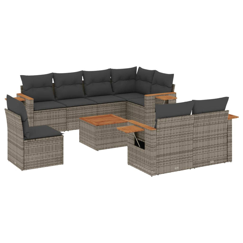 9 Piece Garden Sofa Set with Cushions Grey Poly Rattan