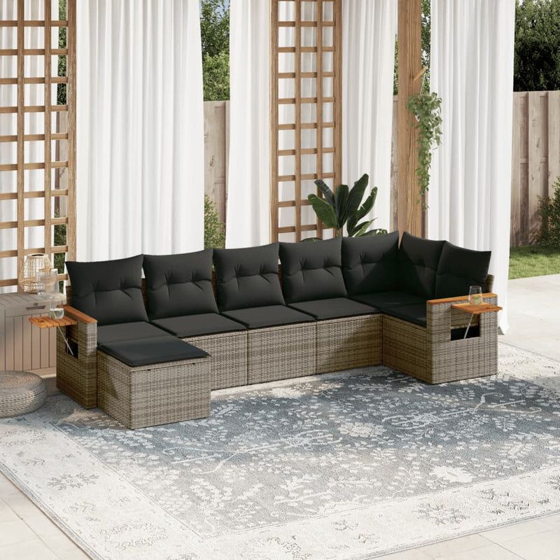 7 Piece Garden Sofa Set with Cushions Grey Poly Rattan