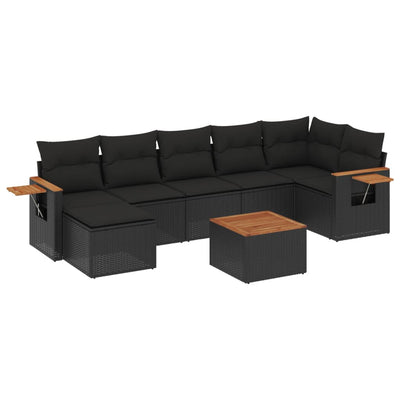 8 Piece Garden Sofa Set with Cushions Black Poly Rattan