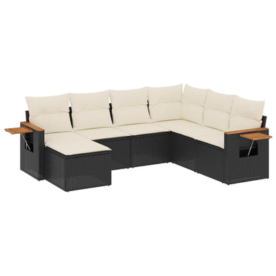 7 Piece Garden Sofa Set with Cushions Black Poly Rattan