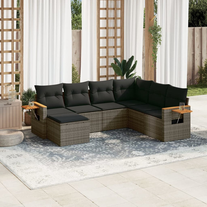 7 Piece Garden Sofa Set with Cushions Grey Poly Rattan