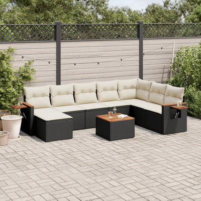 9 Piece Garden Sofa Set with Cushions Black Poly Rattan