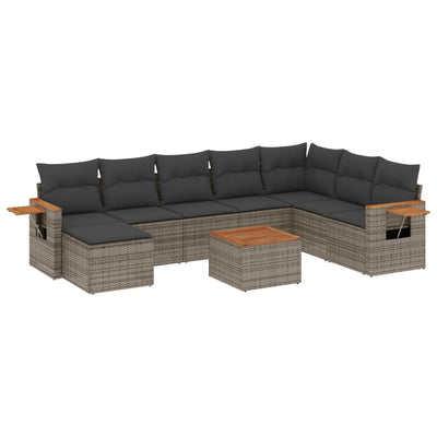 9 Piece Garden Sofa Set with Cushions Grey Poly Rattan