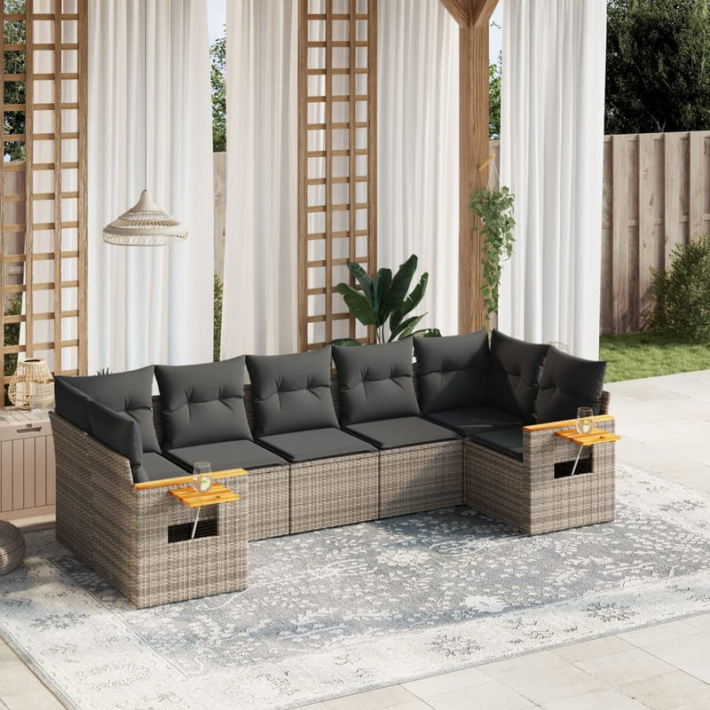 7 Piece Garden Sofa Set with Cushions Grey Poly Rattan