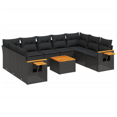 10 Piece Garden Sofa Set with Cushions Black Poly Rattan