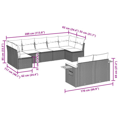 9 Piece Garden Sofa Set with Cushions Grey Poly Rattan