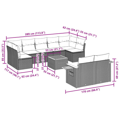 10 Piece Garden Sofa Set with Cushions Beige Poly Rattan