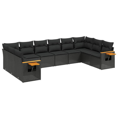 10 Piece Garden Sofa Set with Cushions Black Poly Rattan