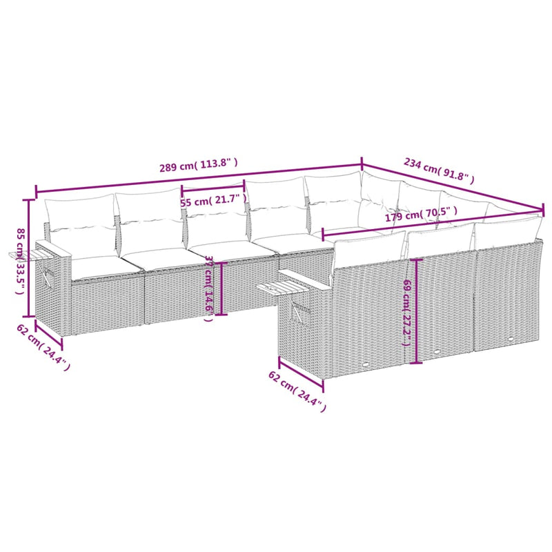 10 Piece Garden Sofa Set with Cushions Grey Poly Rattan