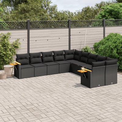 10 Piece Garden Sofa Set with Cushions Black Poly Rattan