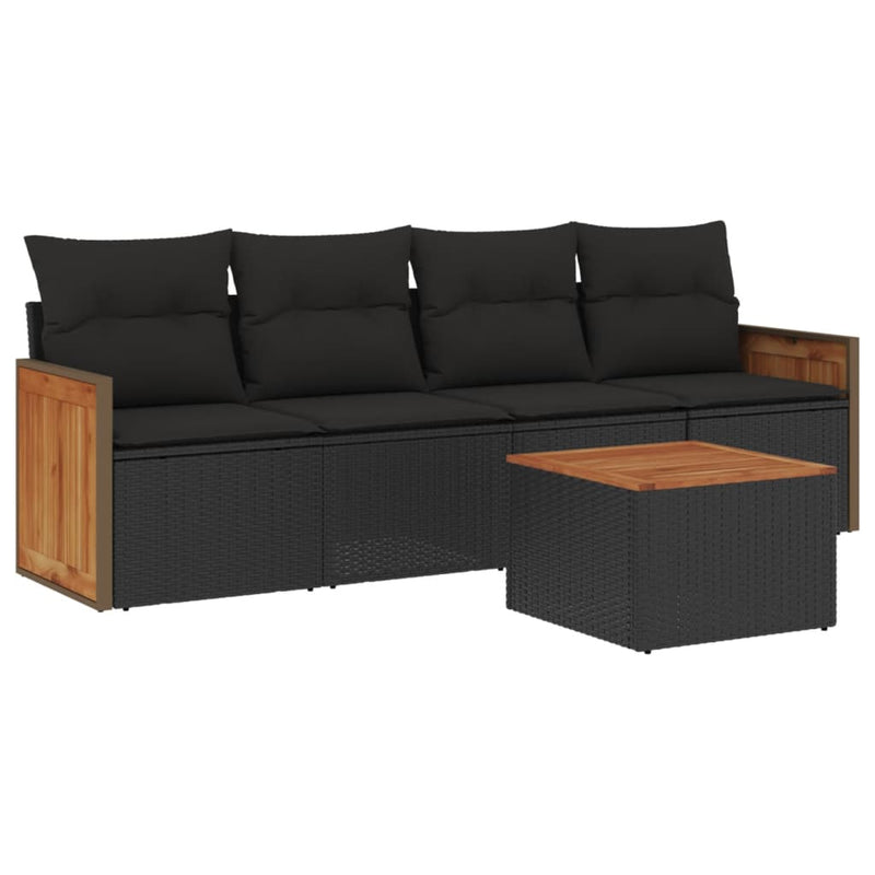 5 Piece Garden Sofa Set with Cushions Black Poly Rattan