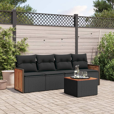 5 Piece Garden Sofa Set with Cushions Black Poly Rattan