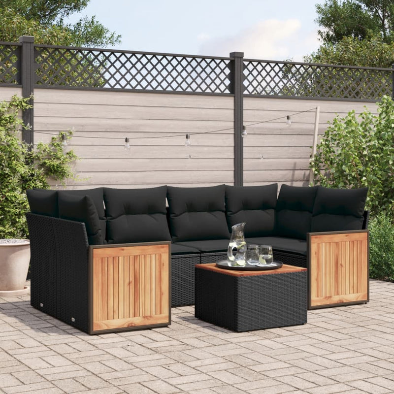 7 Piece Garden Sofa Set with Cushions Black Poly Rattan