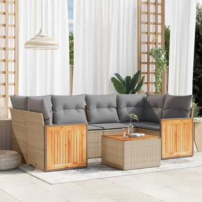 7 Piece Garden Sofa Set with Cushions Beige Poly Rattan