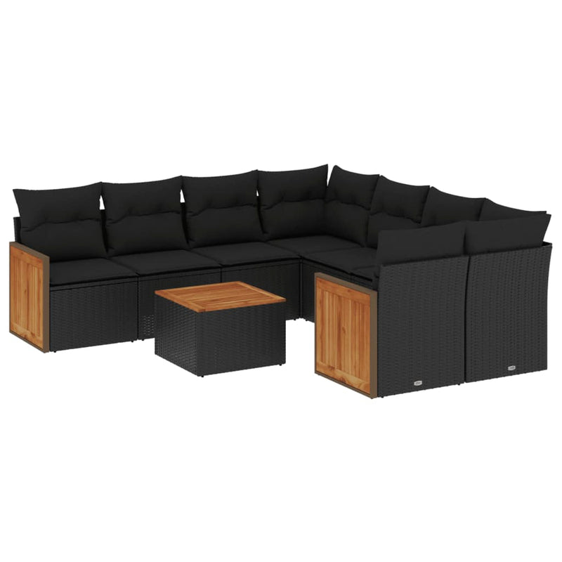 9 Piece Garden Sofa Set with Cushions Black Poly Rattan