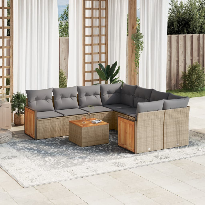 9 Piece Garden Sofa Set with Cushions Beige Poly Rattan