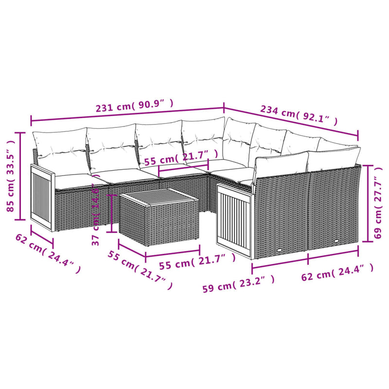 9 Piece Garden Sofa Set with Cushions Grey Poly Rattan