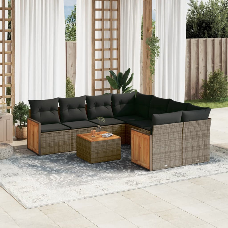 9 Piece Garden Sofa Set with Cushions Grey Poly Rattan