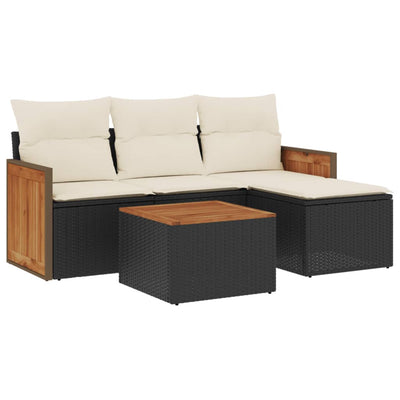 5 Piece Garden Sofa Set with Cushions Black Poly Rattan