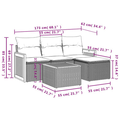 5 Piece Garden Sofa Set with Cushions Grey Poly Rattan