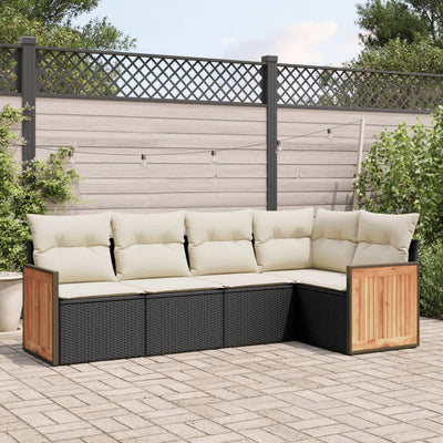 5 Piece Garden Sofa Set with Cushions Black Poly Rattan