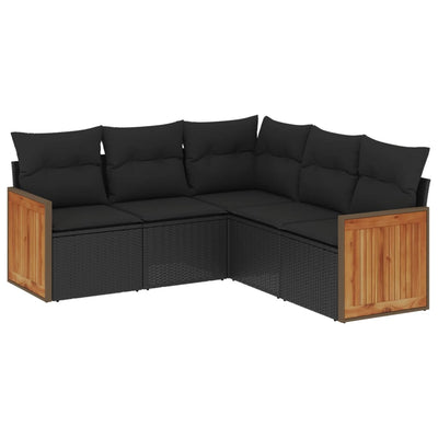 5 Piece Garden Sofa Set with Cushions Black Poly Rattan