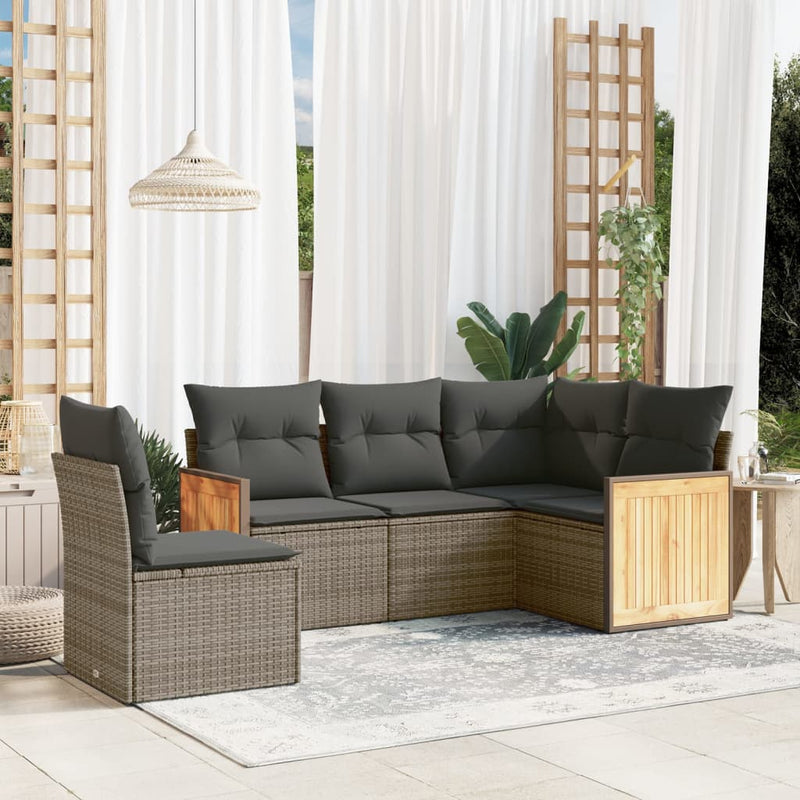 5 Piece Garden Sofa Set with Cushions Grey Poly Rattan