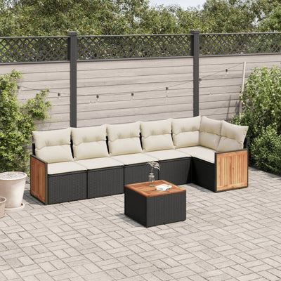 7 Piece Garden Sofa Set with Cushions Black Poly Rattan