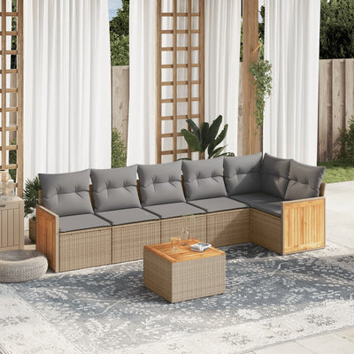 7 Piece Garden Sofa Set with Cushions Beige Poly Rattan