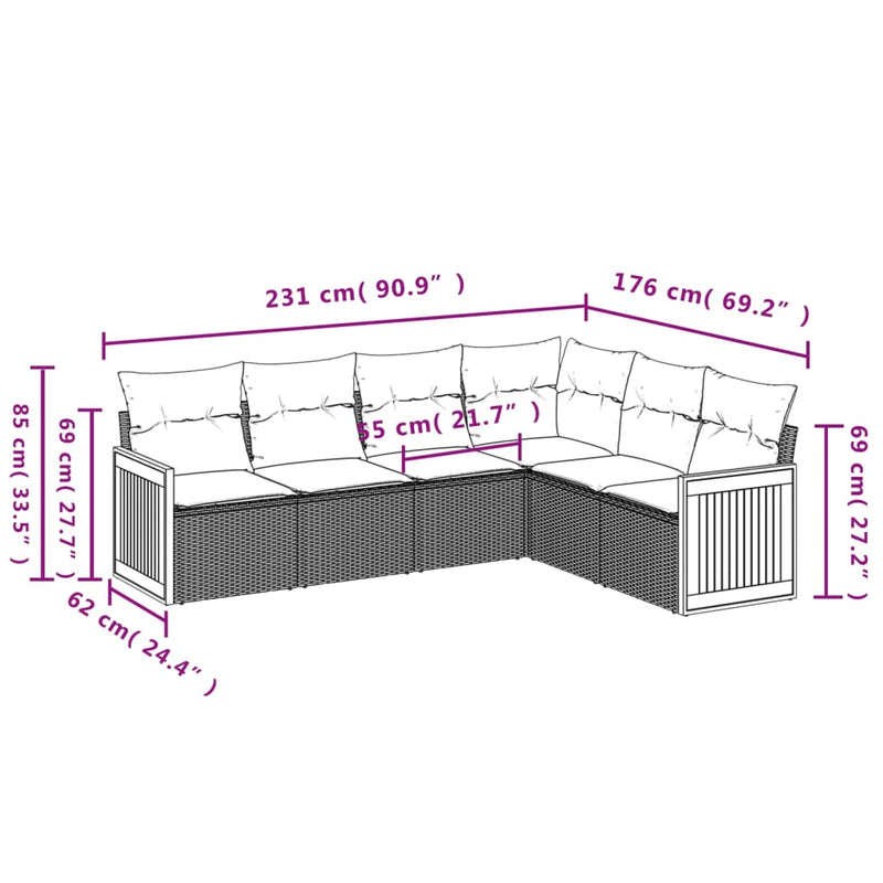 6 Piece Garden Sofa Set with Cushions Grey Poly Rattan