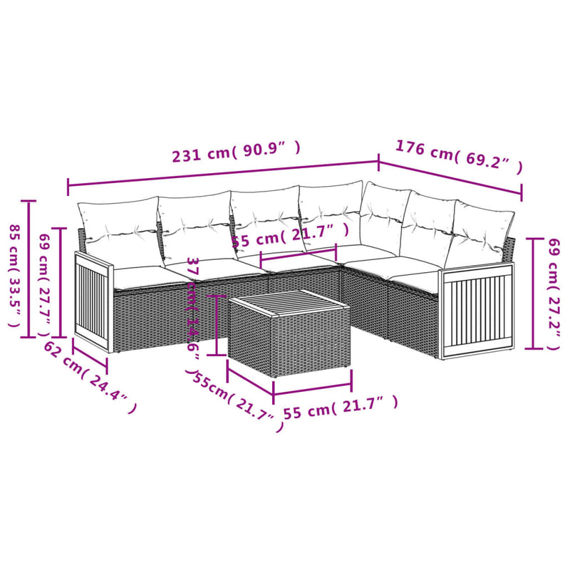 7 Piece Garden Sofa Set with Cushions Grey Poly Rattan