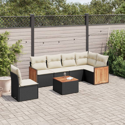 7 Piece Garden Sofa Set with Cushions Black Poly Rattan