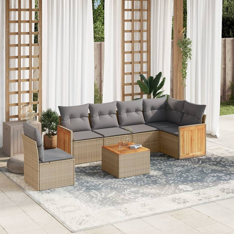 7 Piece Garden Sofa Set with Cushions Beige Poly Rattan