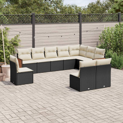 10 Piece Garden Sofa Set with Cushions Black Poly Rattan