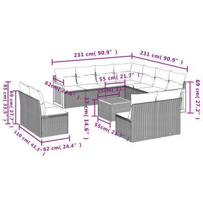 12 Piece Garden Sofa Set with Cushions Grey Poly Rattan