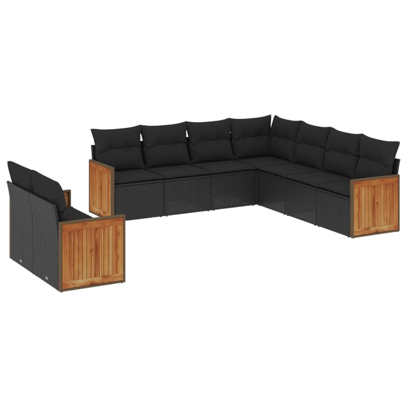 9 Piece Garden Sofa Set with Cushions Black Poly Rattan