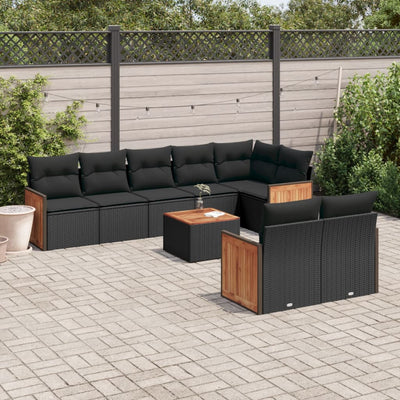 9 Piece Garden Sofa Set with Cushions Black Poly Rattan