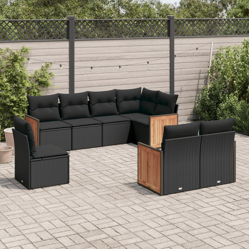 8 Piece Garden Sofa Set with Cushions Black Poly Rattan