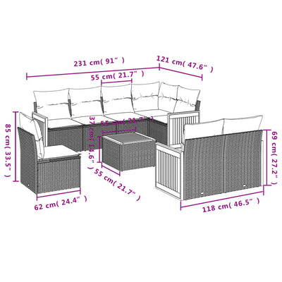 9 Piece Garden Sofa Set with Cushions Grey Poly Rattan