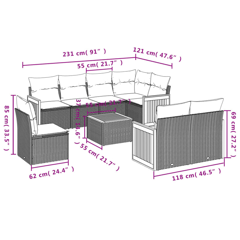 9 Piece Garden Sofa Set with Cushions Grey Poly Rattan