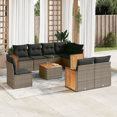 9 Piece Garden Sofa Set with Cushions Grey Poly Rattan