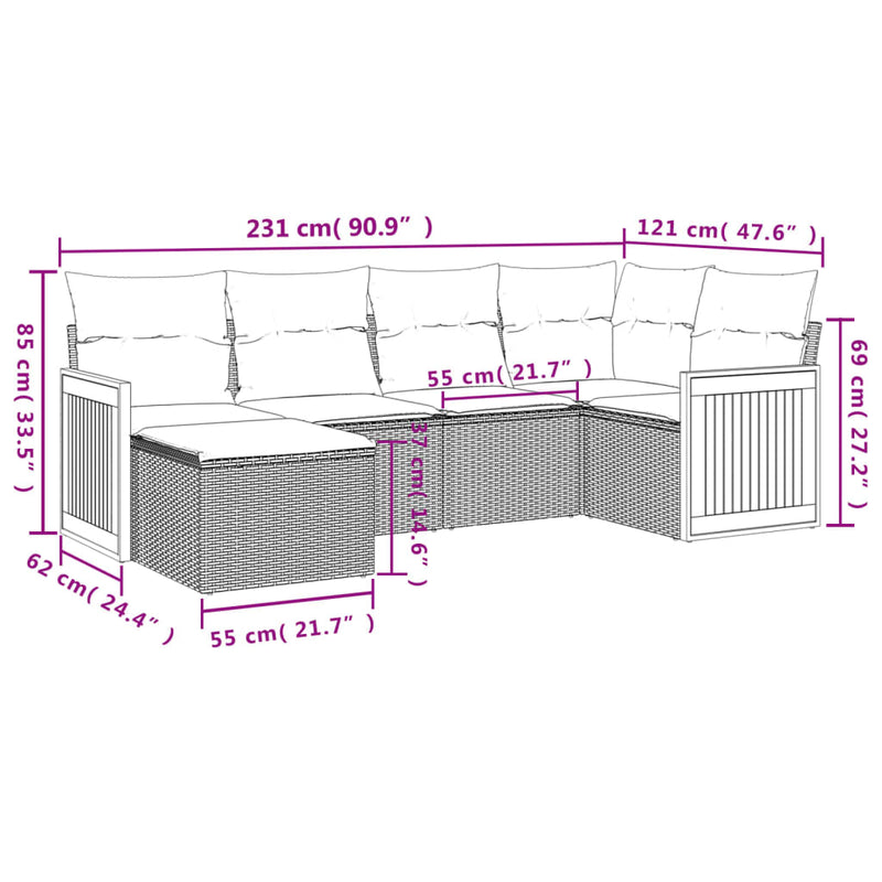 6 Piece Garden Sofa Set with Cushions Grey Poly Rattan