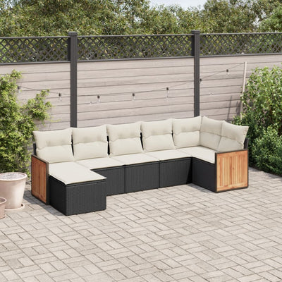 7 Piece Garden Sofa Set with Cushions Black Poly Rattan