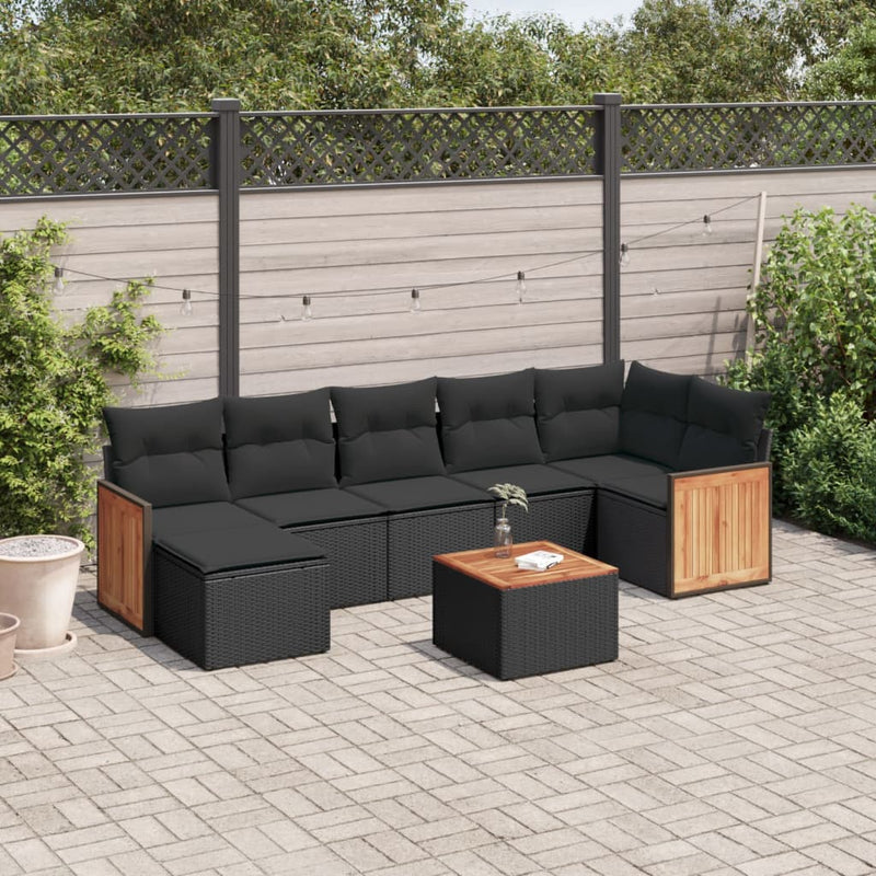 8 Piece Garden Sofa Set with Cushions Black Poly Rattan