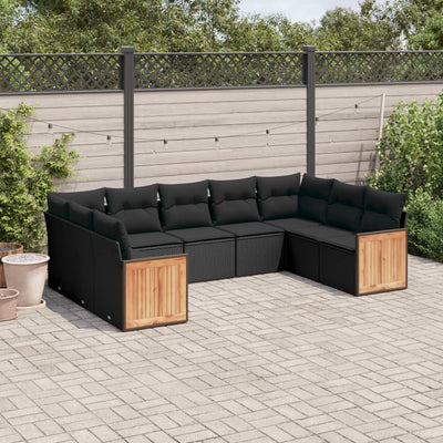 9 Piece Garden Sofa Set with Cushions Black Poly Rattan